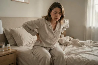 Femme souffrant de douleurs dorsales liées à la fibromyalgie assise au bord de son lit le matin