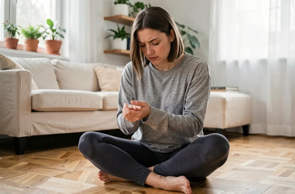Jeune femme assise sur un parquet chez elle, tenant ses poignets avec une expression introspective, évoquant les douleurs articulaires liées aux maladies auto-immunes après l'accouchement