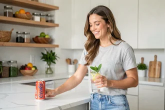 Femme choisissant de l'eau infusée à la place d'une boisson sucrée dans une cuisine moderne pour favoriser l'amincissement