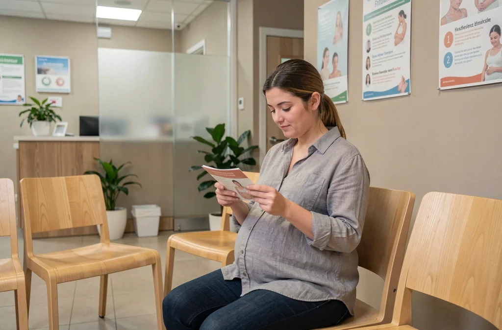 Femme enceinte lisant une brochure sur le choix du professionnel de santé dans une salle d'attente de maternité moderne