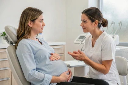 Femme enceinte assise dans un fauteuil dentaire discutant avec sa dentiste dans un cabinet moderne