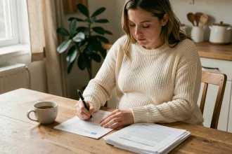 Femme enceinte remplissant des formulaires administratifs pour déclarer sa grossesse auprès de sa mutuelle