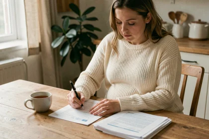 Femme enceinte remplissant des formulaires administratifs pour déclarer sa grossesse auprès de sa mutuelle