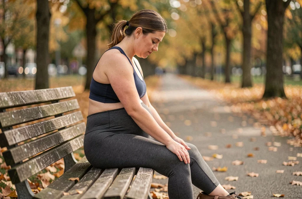 Femme enceinte assise sur un banc en bois dans un parc, effectuant des exercices de rotation des chevilles pour soulager les gonflements liés à la grossesse