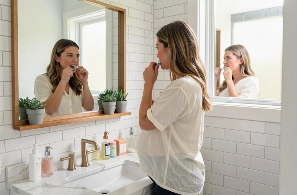 Femme enceinte se brossant les dents devant le miroir de sa salle de bain à domicile