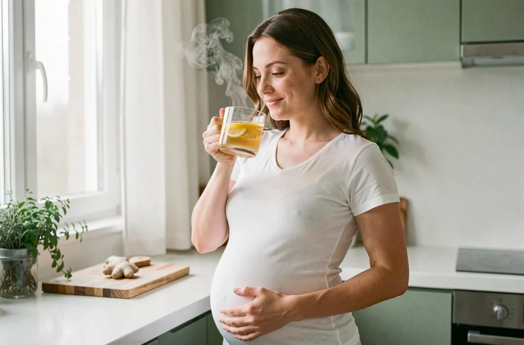 Femme enceinte buvant une infusion au gingembre et citron pour soulager les nausées de grossesse dans une cuisine moderne