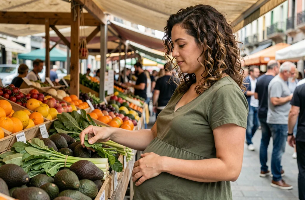 Femme enceinte choisissant des légumes frais et des fruits au marché pour une alimentation saine pendant la grossesse