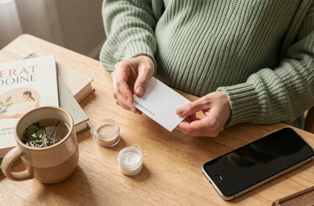 Mains d'une femme enceinte tenant une carte de rendez-vous dentaire et du fil dentaire sur une table en bois