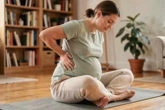 Femme enceinte soulagent ses maux de dos en se massant le bas du dos sur un tapis de yoga dans un salon chaleureux