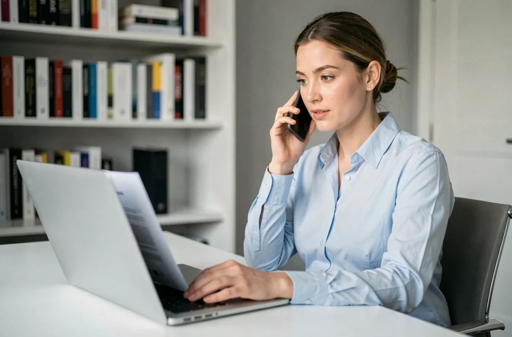 Femme enceinte au téléphone avec sa mutuelle pour déclarer sa grossesse depuis son bureau à domicile