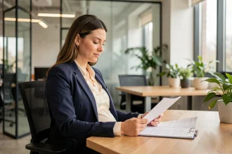 Femme enceinte professionnelle assise à son bureau en open space, consultant des documents de travail avec une expression concentrée