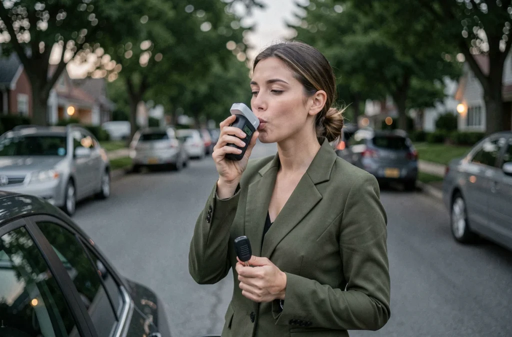 Une femme utilise un éthylotest portable avant de prendre le volant dans une rue résidentielle