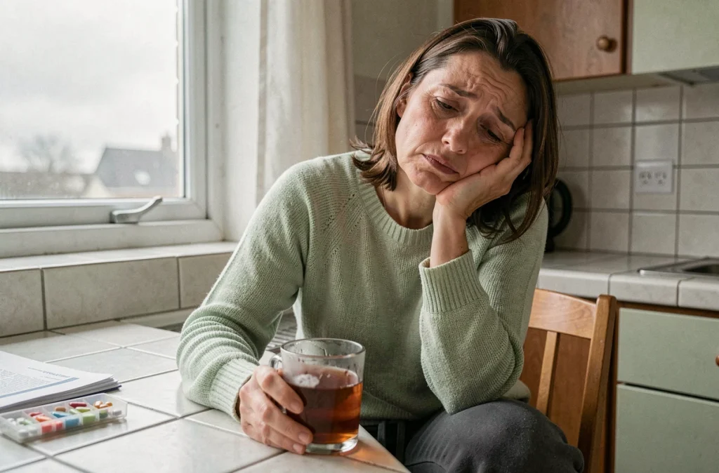 Femme fatiguée en journée à la cuisine, somnolence diurne causée par des troubles du sommeil aggravant une maladie chronique