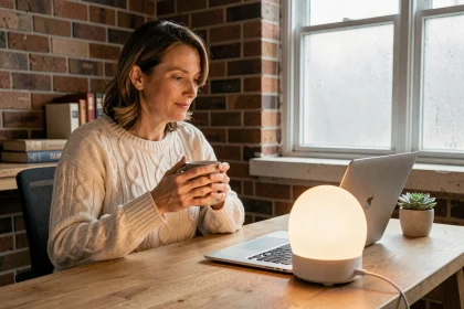 Femme utilisant une lampe de luminothérapie à son bureau en hiver pour lutter contre la fatigue saisonnière