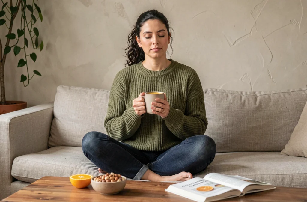 Femme détendue tenant un latte au curcuma anti-inflammatoire dans un salon cosy, illustrant le soulagement des douleurs chroniques par l'alimentation
