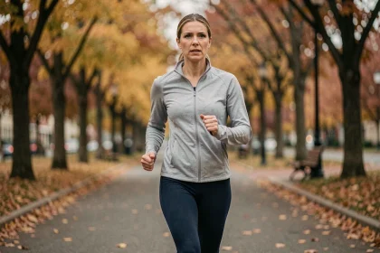 Femme faisant de la marche rapide dans un parc en automne pour perdre du poids