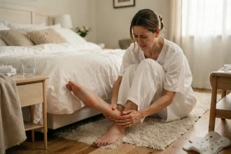 Femme massant son talon douloureux à cause d'une épine calcanéenne avant de se coucher