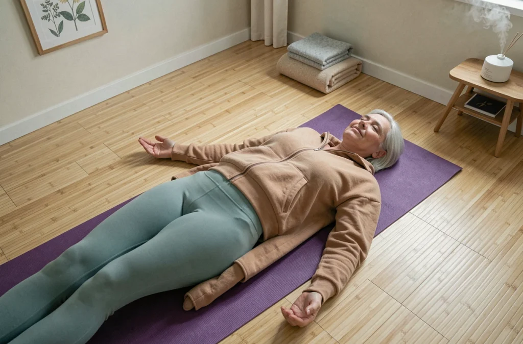 Femme mature en posture de relaxation savasana sur un tapis de yoga violet dans un studio dédié à la pratique apaisante et à la gestion du stress