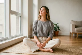 Femme pratiquant la méditation de pleine conscience assise en tailleur sur un plancher en bois dans un appartement minimaliste