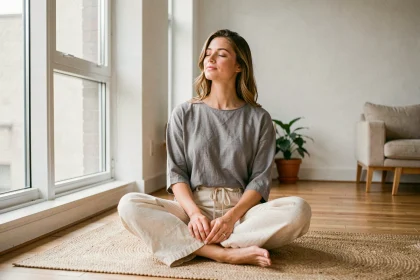 Femme pratiquant la méditation de pleine conscience assise en tailleur sur un plancher en bois dans un appartement minimaliste