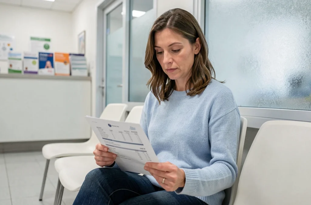Femme adulte lisant ses résultats d'analyses biologiques avec le taux de Gamma GT dans une salle d'attente de laboratoire médical