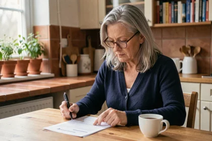 Une femme de 62 ans examine des documents de santé à sa table de cuisine pour préparer sa retraite