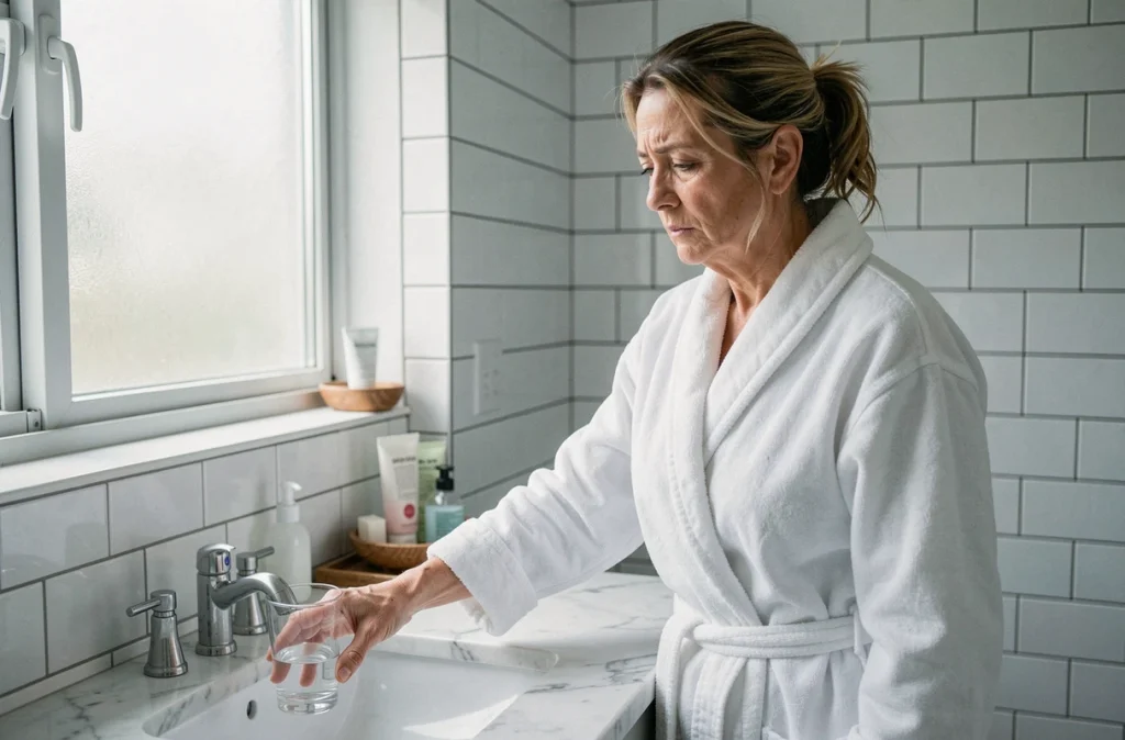 Femme à la cinquantaine dans sa salle de bain tenant un verre d'eau, évoquant la gestion des infections urinaires au quotidien