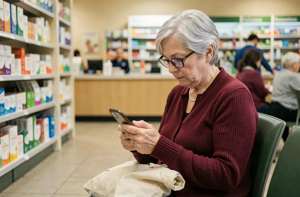 Femme senior lisant des informations médicales Medicys sur smartphone en pharmacie