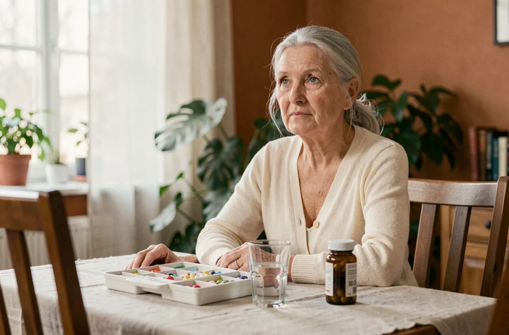 Femme seniors sereine organisant ses compléments alimentaires à table dans une salle à manger chaleureuse