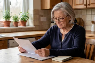 Femme senior consultant des documents sur les aides financières pour une mutuelle santé à domicile