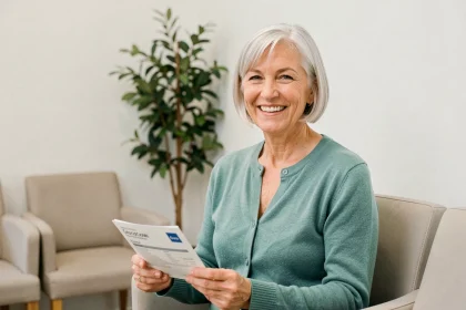 Femme senior souriante dans une salle d'attente dentaire tenant une brochure de mutuelle santé adaptée aux seniors