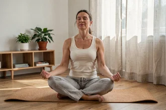 Femme pratiquant une pose de yoga doux assise en tailleur sur un tapis en liège dans un salon minimaliste pour gérer le stress quotidien