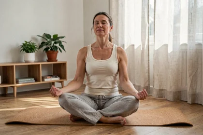 Femme pratiquant une pose de yoga doux assise en tailleur sur un tapis en liège dans un salon minimaliste pour gérer le stress quotidien