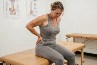 Femme d'âge moyen tenant son bas du dos et sa cuisse dans un cabinet de kinésithérapie, illustrant la douleur de la fessalgie irradiant vers le genou