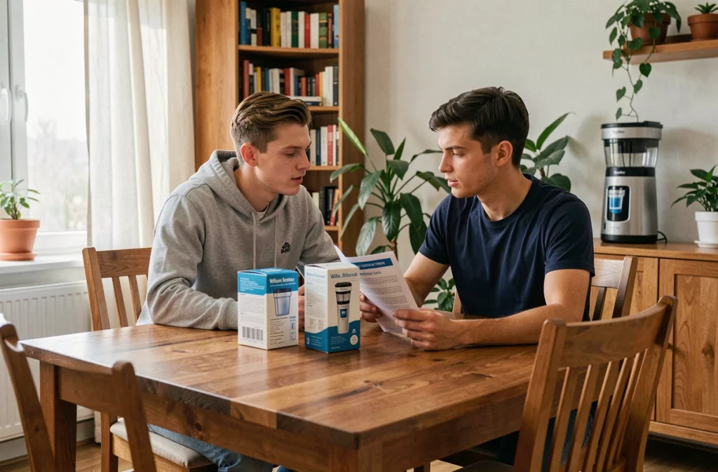 Couple consultant un guide consommateur sur les filtres Berkey assis à une table en bois dans un appartement cosy