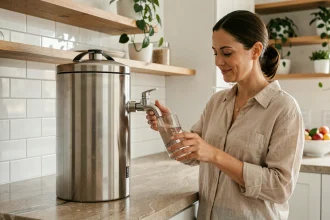 Femme versant de l'eau filtrée depuis un filtre Berkey en inox sur un plan de travail de cuisine moderne