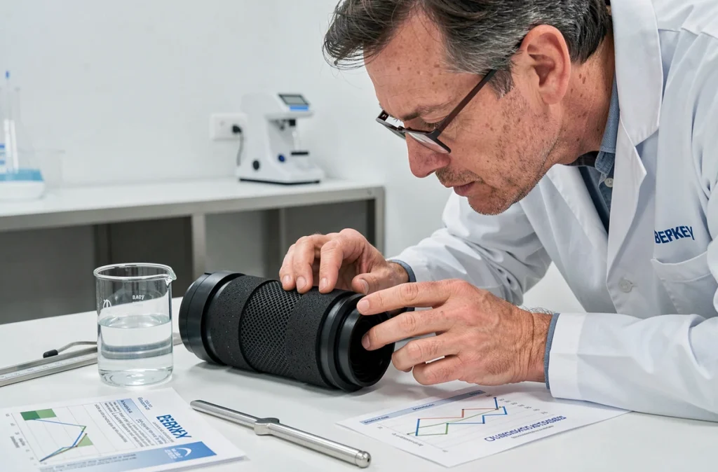 Expert en traitement de l'eau examinant les éléments filtrants en céramique noire d'un filtre Berkey en laboratoire