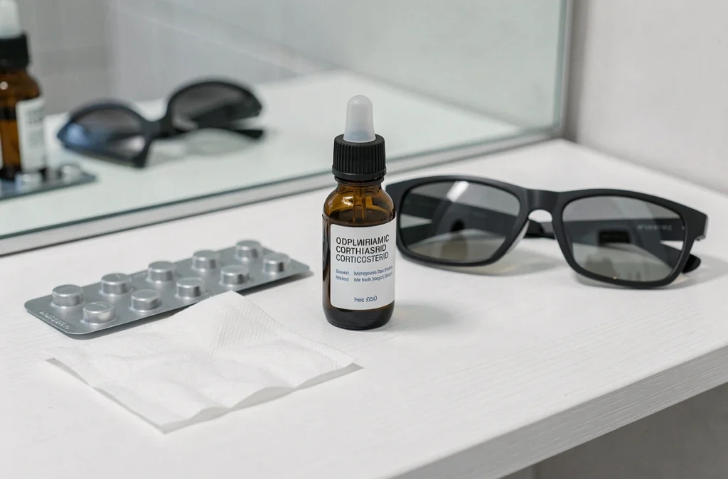 Flacon de gouttes ophtalmiques STERDEX posé sur une étagère avec lunettes post-opératoires et compresses stériles pour soins après opération des yeux