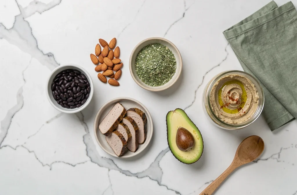 Flat lay de sources de protéines végétales variées incluant légumineuses, graines, seitan et houmous sur marbre blanc