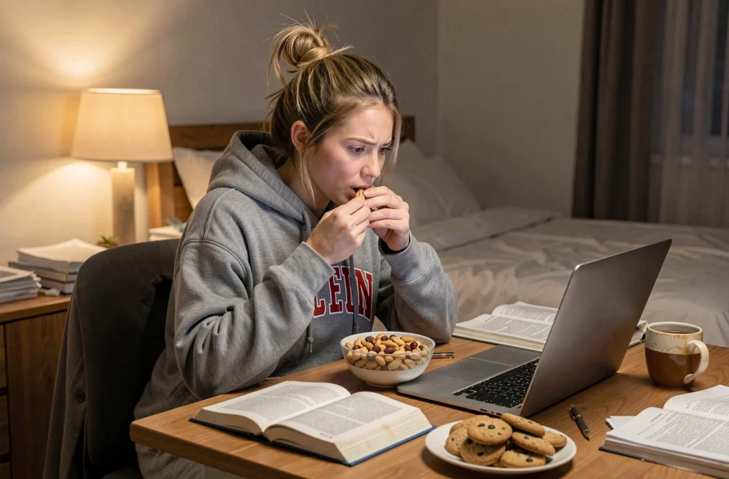 Jeune femme grignotant des biscuits et des noix en étudiant tard le soir à son bureau, illustrant le lien entre grignotage nocturne et prise de poids
