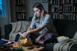 Femme grignotant des chips et des snacks tard le soir sur son canapé, illustrant les habitudes de grignotage nocturne et leur impact sur le poids