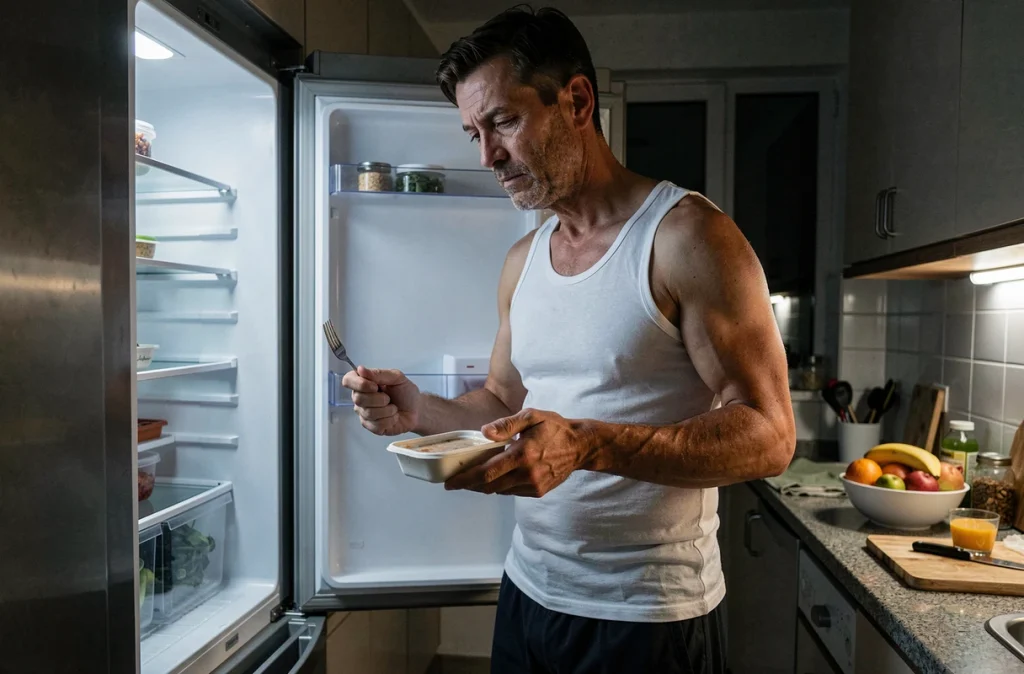 Homme debout devant un réfrigérateur ouvert la nuit dans une cuisine sombre, grignotant des restes, symbole du grignotage nocturne et de la prise de poids