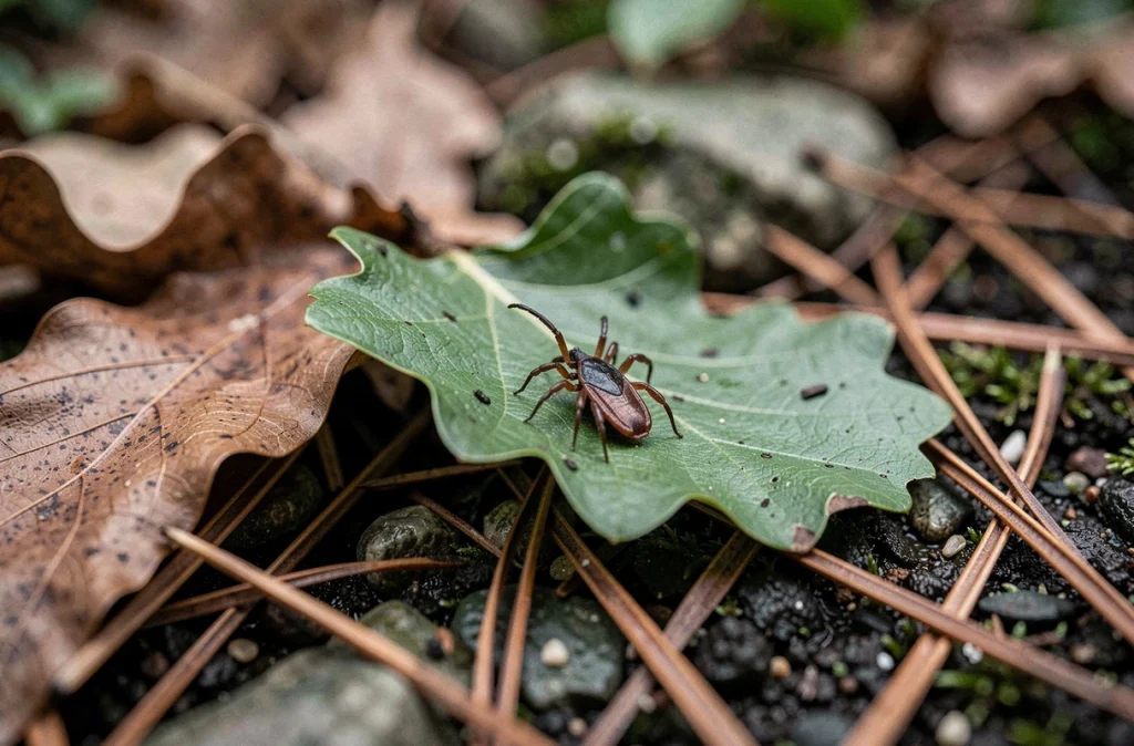 Gros plan d'une tique sur une feuille de chêne en forêt, vecteur de transmission de la maladie de Lyme