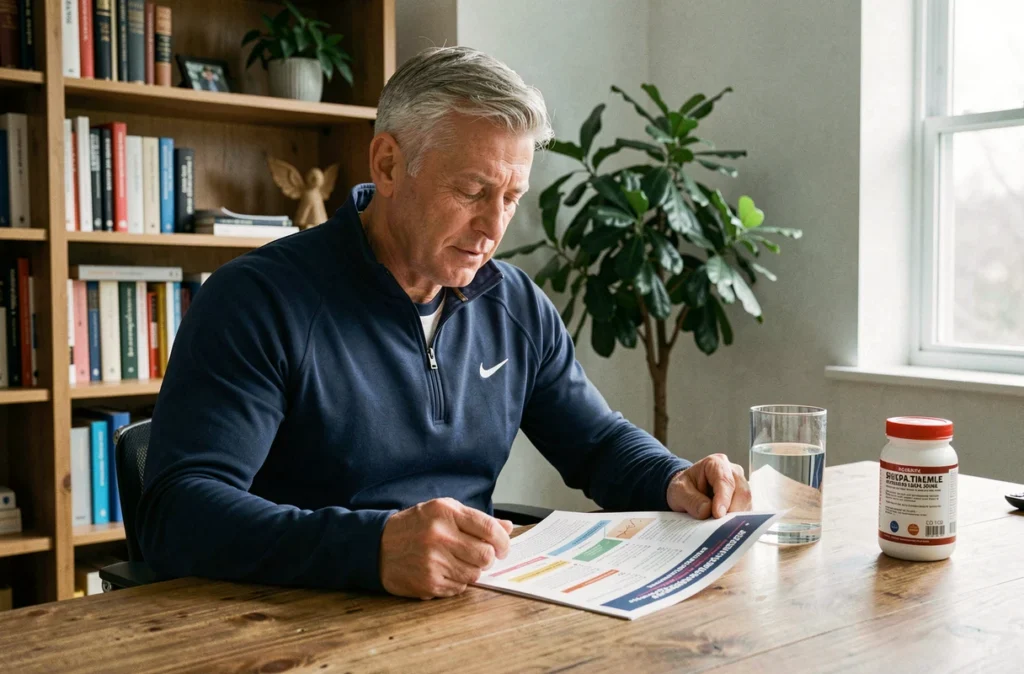 Homme actif d'une cinquantaine d'années consultant un guide nutritionnel avec un complément alimentaire sur son bureau à domicile