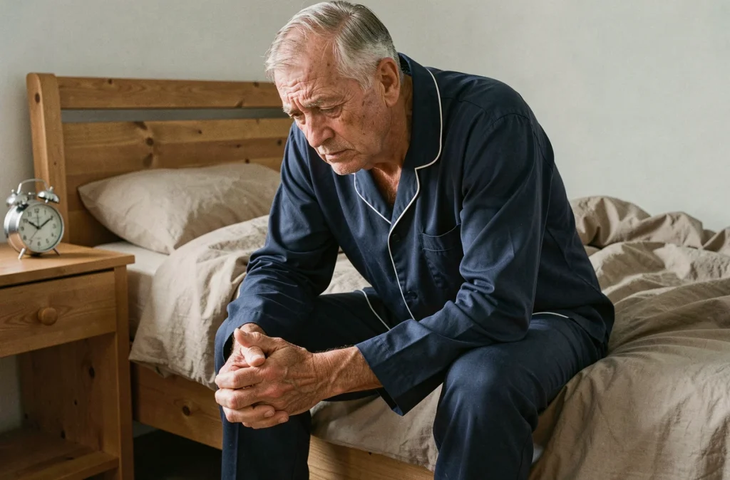 Homme âgé assis au bord du lit épuisé tôt le matin, souffrant de troubles du sommeil liés à des pathologies chroniques