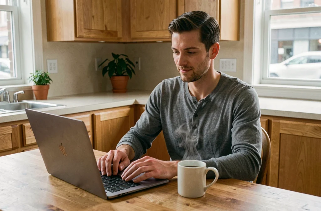 Homme consultant le blog médical Medicys sur son ordinateur portable à la maison