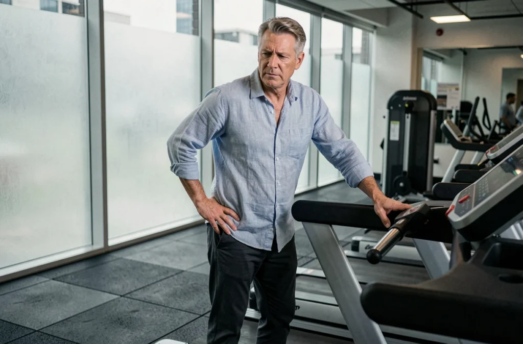 Homme d'une cinquantaine d'années s'étirant le long d'un tapis de course en salle de sport, illustrant une douleur fessière irradiant le long de la jambe
