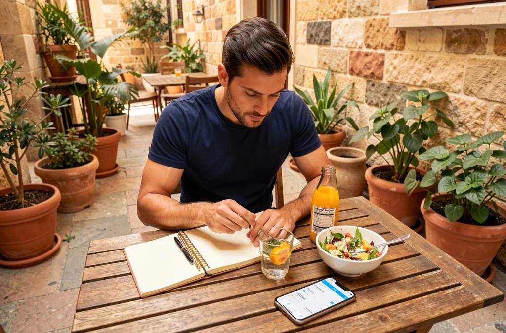 Homme lisant les étiquettes nutritionnelles d'une boisson sucrée en terrasse de café pour mieux contrôler son alimentation