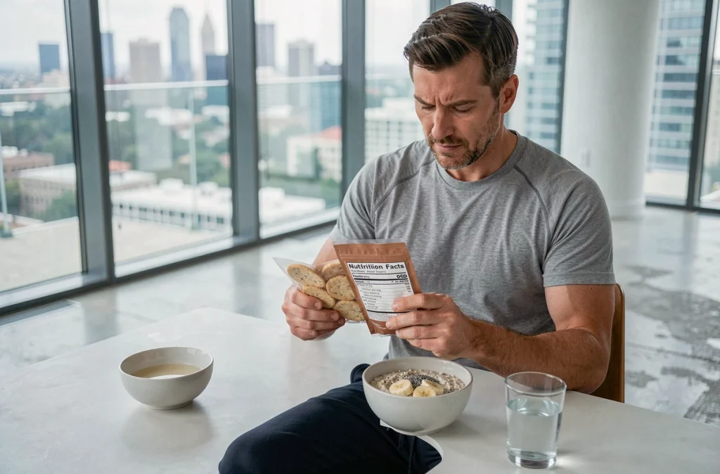 Homme lisant une étiquette nutritionnelle devant un bol d'avoine aux graines de chia, symbolisant la conscience alimentaire et le rôle des fibres dans la gestion du poids