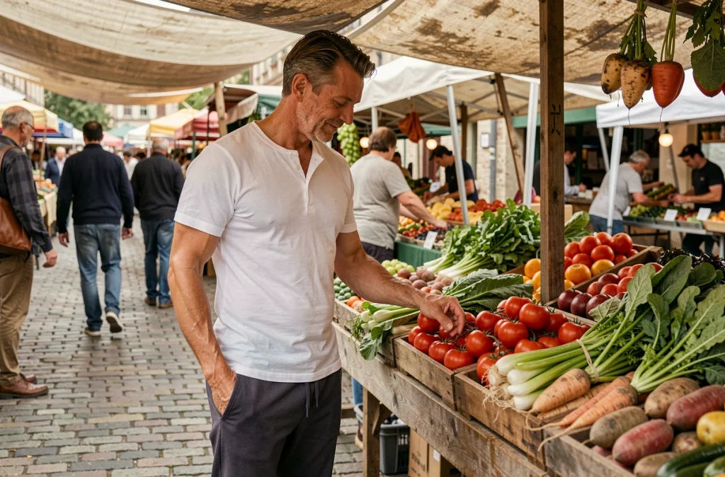 Homme au marché fermier choisissant des légumes frais de saison pour une alimentation équilibrée